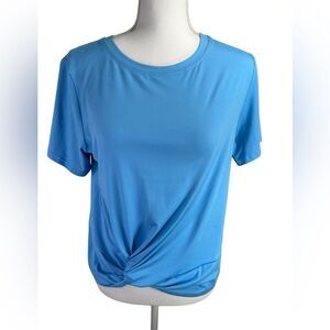 Move Theology Blue Short Sleeve Front  Gather Detail Workout Top in Sz Large